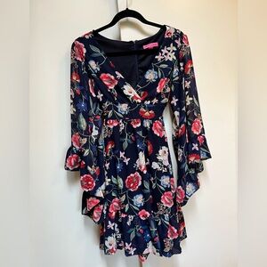 BETSEY JOHNSON Navy Floral V‑Neck Short Dress